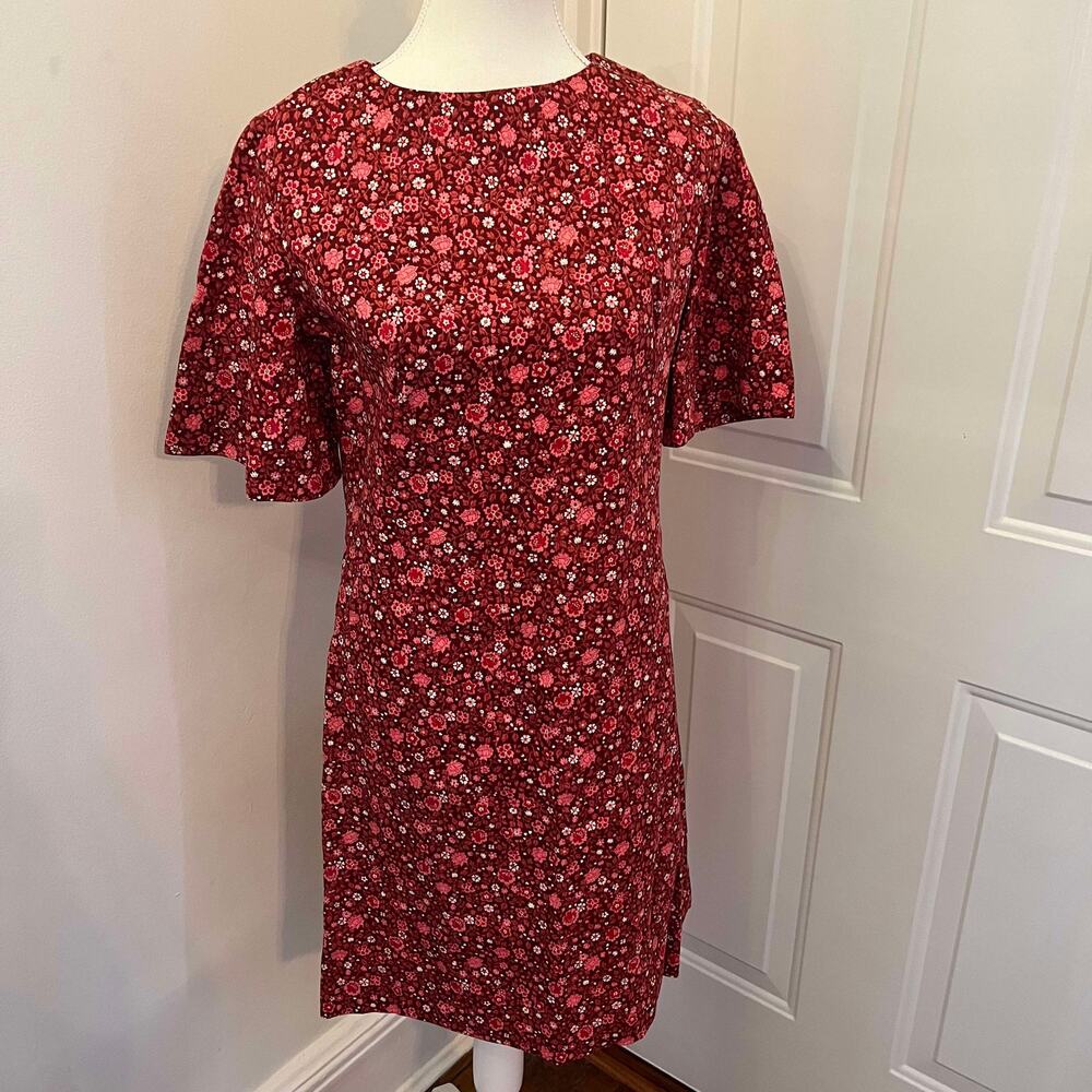 Vintage 1970's Handmade Red and Pink Floral Printed Sheath Dress Size Medium
